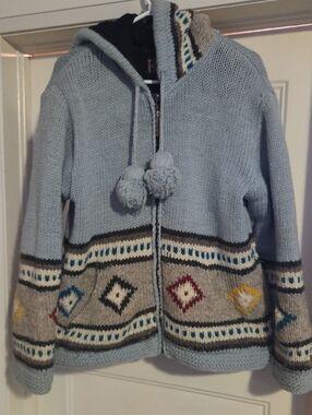Light Blue Hooded Knit Sweater with Geometric Pattern